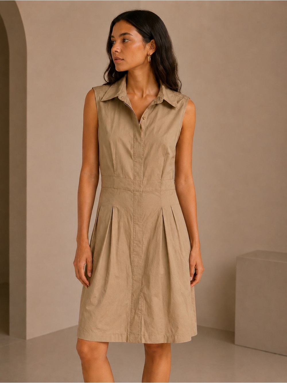 Talbots Petites Cotton Khaki Sleeveless Collared Shirt Dress Size 12P - Picture 1 of 6